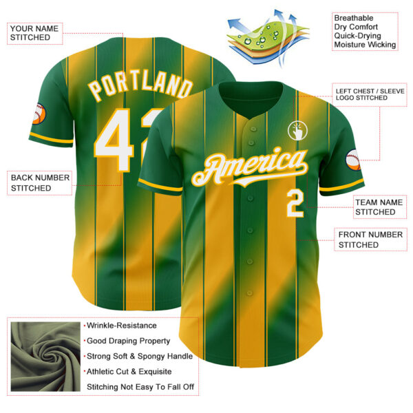 Custom Kelly Green White-Gold Gradient Classic Vertical Stripe Authentic Baseball Jersey