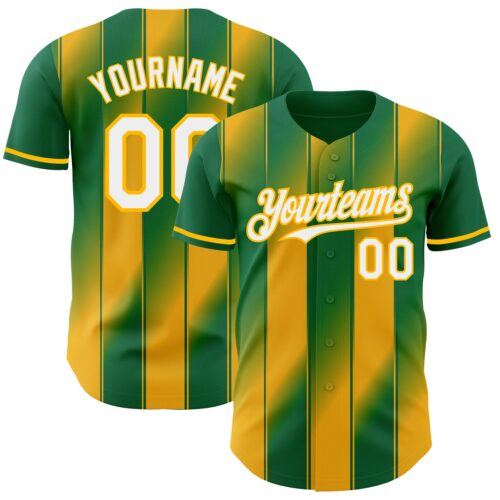 Pinstripe0142 Custom Kelly Green White-Gold Gradient Classic Vertical Stripe Authentic Baseball Jersey