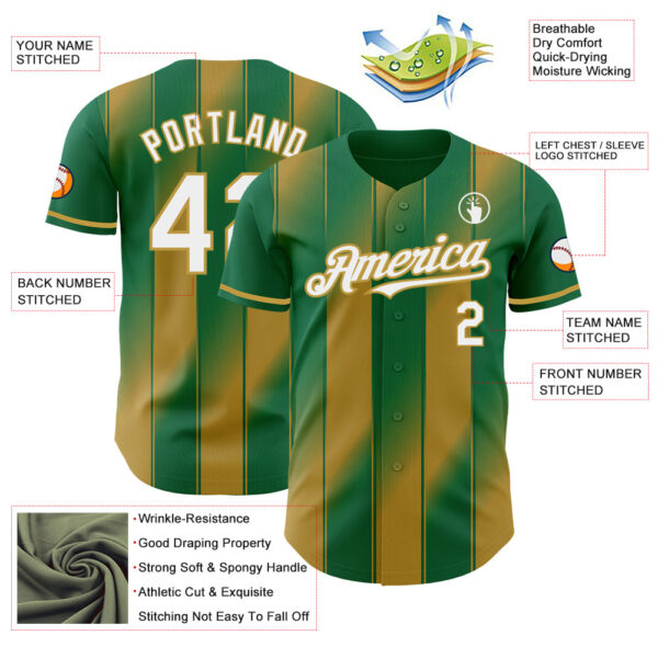 Custom Kelly Green White-Old Gold Gradient Classic Vertical Stripe Authentic Baseball Jersey