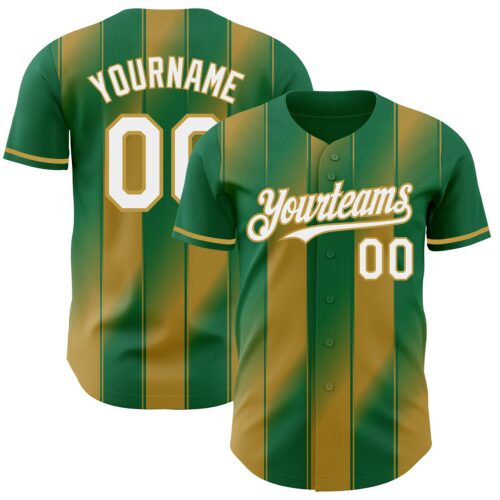Pinstripe0143 Custom Kelly Green White-Old Gold Gradient Classic Vertical Stripe Authentic Baseball Jersey
