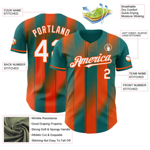 Custom Teal White-Orange Gradient Classic Vertical Stripe Authentic Baseball Jersey