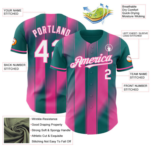 Custom Teal White-Pink Gradient Classic Vertical Stripe Authentic Baseball Jersey