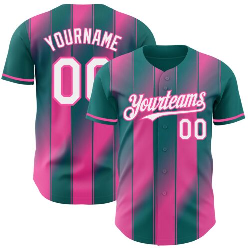 Custom Teal White-Pink Gradient Classic Vertical Stripe Authentic Baseball Jersey