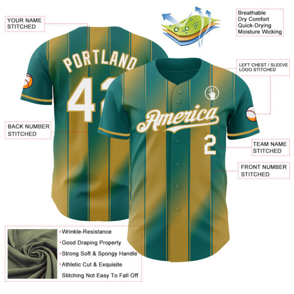 Custom Teal White-Old Gold Gradient Classic Vertical Stripe Authentic Baseball Jersey