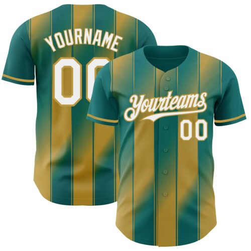 Pinstripe0156 Custom Teal White-Old Gold Gradient Classic Vertical Stripe Authentic Baseball Jersey