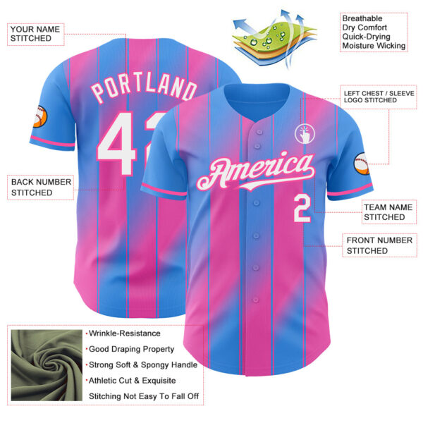 Custom Electric Blue White-Pink Gradient Classic Vertical Stripe Authentic Baseball Jersey