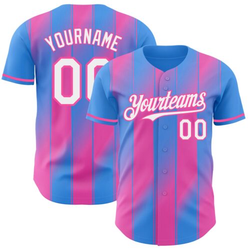 Pinstripe0166 Custom Electric Blue White-Pink Gradient Classic Vertical Stripe Authentic Baseball Jersey