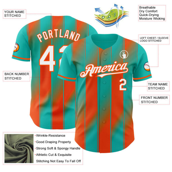 Custom Aqua White-Orange Gradient Classic Vertical Stripe Authentic Baseball Jersey