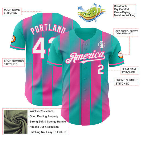 Custom Aqua White-Pink Gradient Classic Vertical Stripe Authentic Baseball Jersey