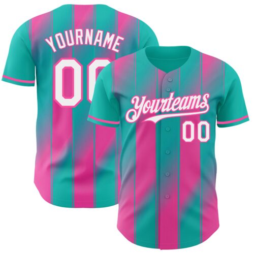 Pinstripe0169 Custom Aqua White-Pink Gradient Classic Vertical Stripe Authentic Baseball Jersey