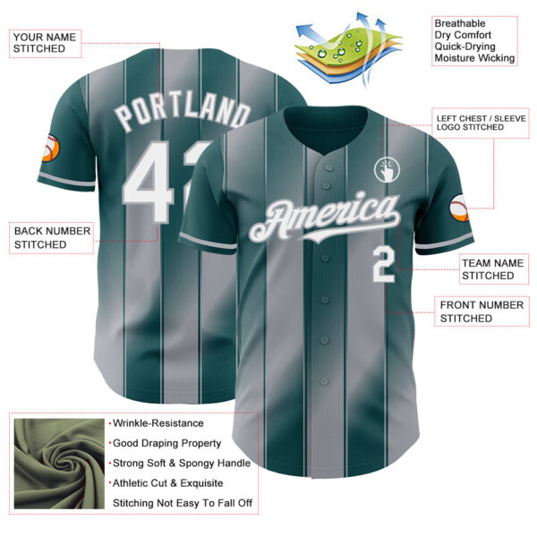 Custom Midnight Green White-Gray Gradient Classic Vertical Stripe Authentic Baseball Jersey