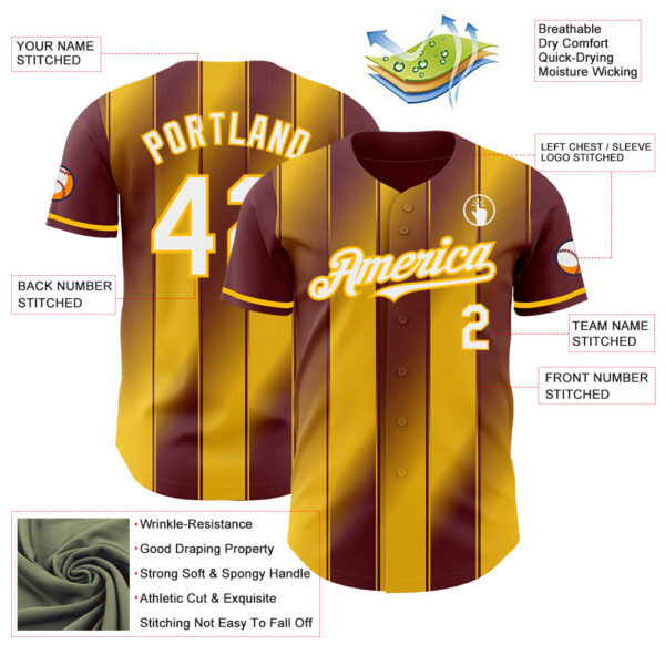 Custom Burgundy White-Gold Gradient Classic Vertical Stripe Authentic Baseball Jersey