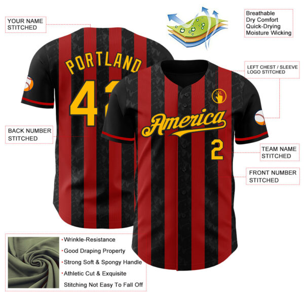 Custom Black Gold-Red Classic Vertical Stripe Fluid Liquid Texture Authentic Baseball Jersey