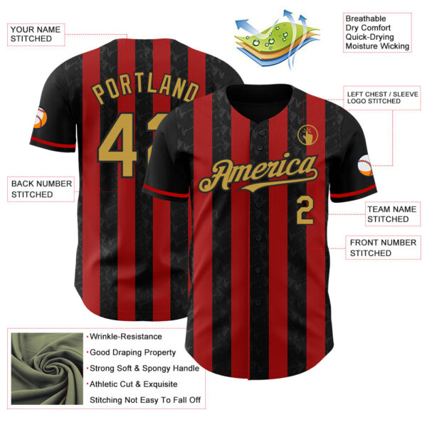 Custom Black Old Gold-Red Classic Vertical Stripe Fluid Liquid Texture Authentic Baseball Jersey