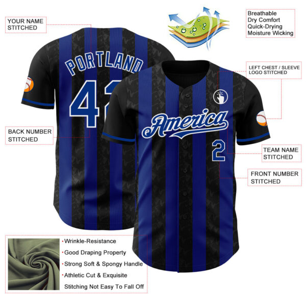 Custom Black Royal-White Classic Vertical Stripe Fluid Liquid Texture Authentic Baseball Jersey