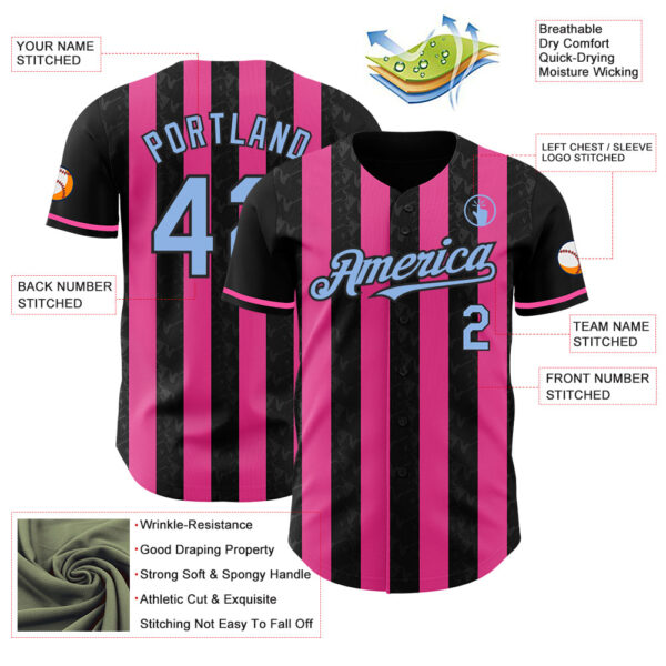 Custom Black Light Blue-Pink Classic Vertical Stripe Fluid Liquid Texture Authentic Baseball Jersey