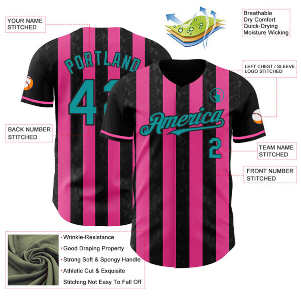 Custom Black Teal-Pink Classic Vertical Stripe Fluid Liquid Texture Authentic Baseball Jersey