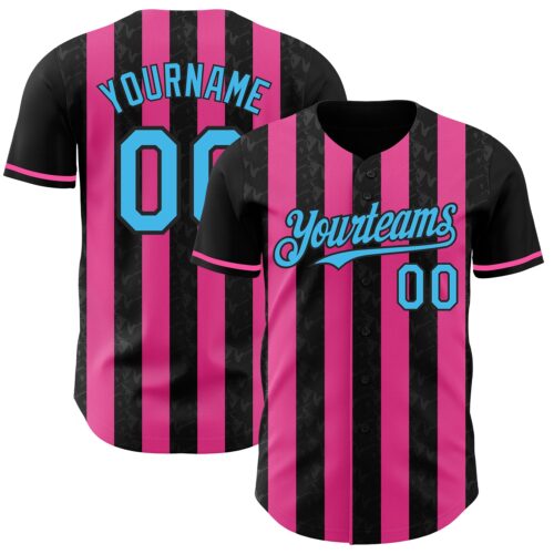 Pinstripe0190 Custom Black Sky Blue-Pink Classic Vertical Stripe Fluid Liquid Texture Authentic Baseball Jersey