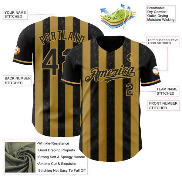 Custom Black-Old Gold Classic Vertical Stripe Fluid Liquid Texture Authentic Baseball Jersey