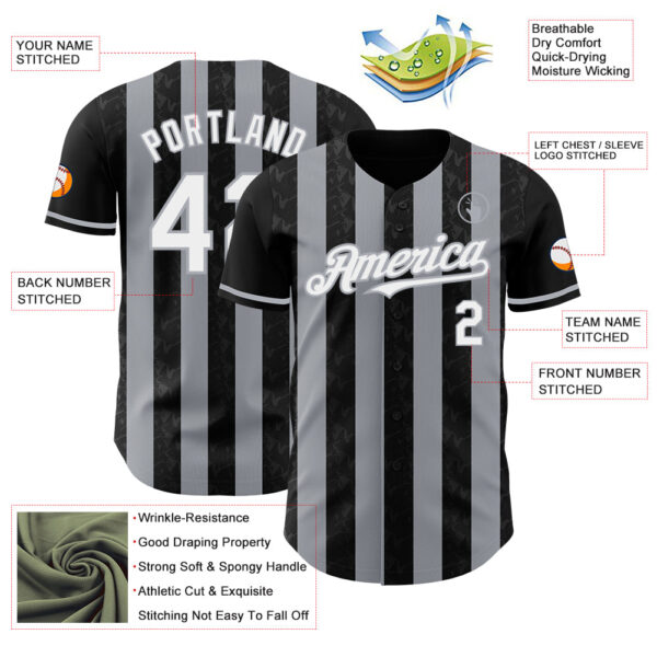 Custom Black White-Gray Classic Vertical Stripe Fluid Liquid Texture Authentic Baseball Jersey