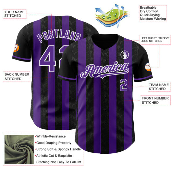 Custom Black Purple-White Classic Vertical Stripe Fluid Liquid Texture Authentic Baseball Jersey