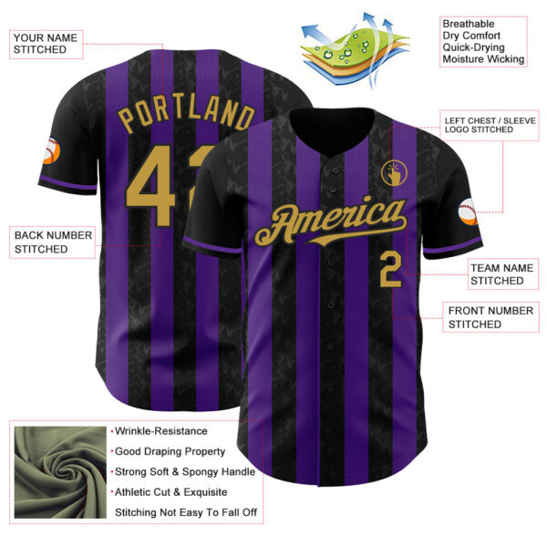 Custom Black Old Gold-Purple Classic Vertical Stripe Fluid Liquid Texture Authentic Baseball Jersey