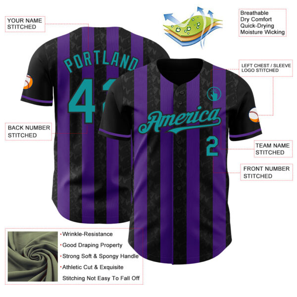 Custom Black Teal-Purple Classic Vertical Stripe Fluid Liquid Texture Authentic Baseball Jersey