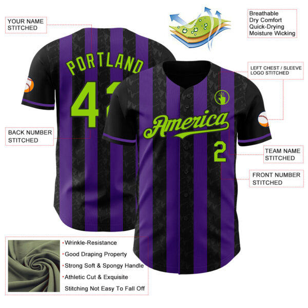 Custom Black Neon Green-Purple Classic Vertical Stripe Fluid Liquid Texture Authentic Baseball Jersey