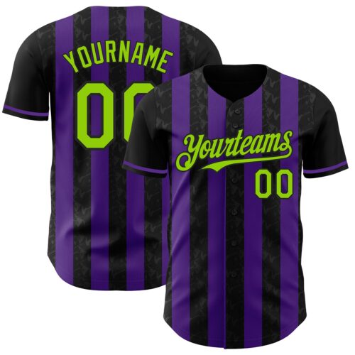 Pinstripe0200 Custom Black Neon Green-Purple Classic Vertical Stripe Fluid Liquid Texture Authentic Baseball Jersey