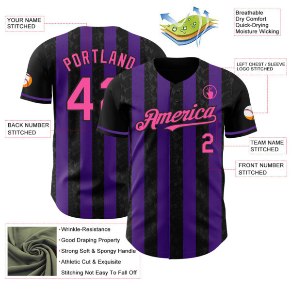 Custom Black Pink-Purple Classic Vertical Stripe Fluid Liquid Texture Authentic Baseball Jersey
