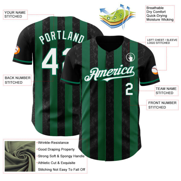 Custom Black White-Kelly Green Classic Vertical Stripe Fluid Liquid Texture Authentic Baseball Jersey