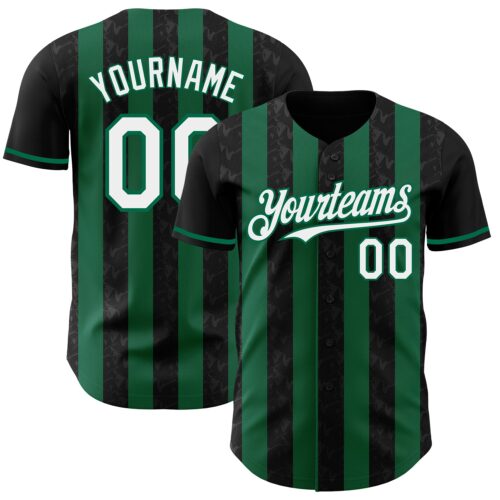 Pinstripe0204 Custom Black White-Kelly Green Classic Vertical Stripe Fluid Liquid Texture Authentic Baseball Jersey