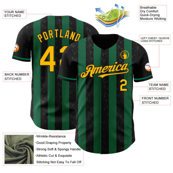 Custom Black Gold-Kelly Green Classic Vertical Stripe Fluid Liquid Texture Authentic Baseball Jersey