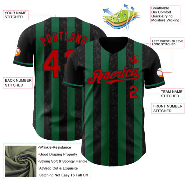 Custom Black Red-Kelly Green Classic Vertical Stripe Fluid Liquid Texture Authentic Baseball Jersey