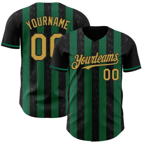 Pinstripe0208 Custom Black Old Gold-Kelly Green Classic Vertical Stripe Fluid Liquid Texture Authentic Baseball Jersey