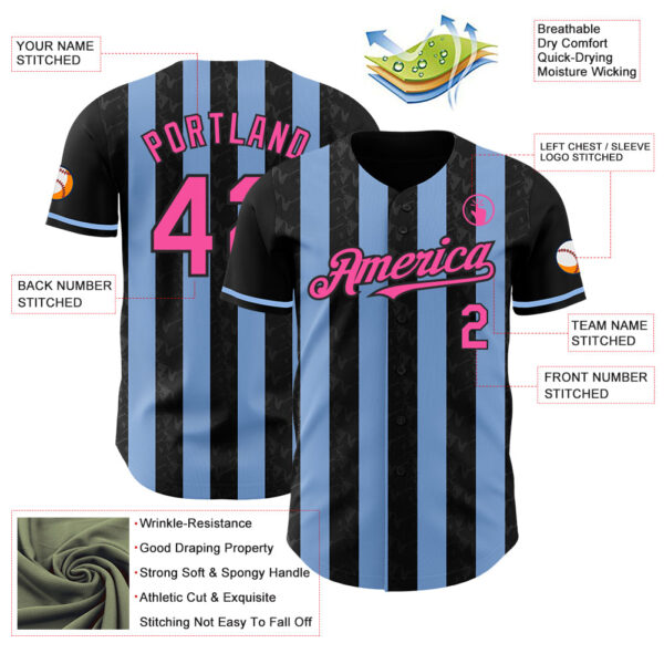Custom Black Pink-Light Blue Classic Vertical Stripe Fluid Liquid Texture Authentic Baseball Jersey