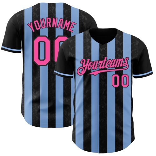 Pinstripe0210 Custom Black Pink-Light Blue Classic Vertical Stripe Fluid Liquid Texture Authentic Baseball Jersey