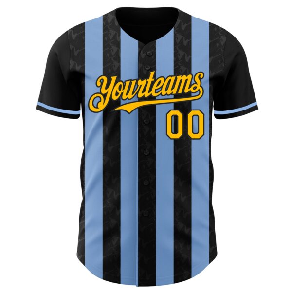 Custom Black Gold-Light Blue Classic Vertical Stripe Fluid Liquid Texture Authentic Baseball Jersey