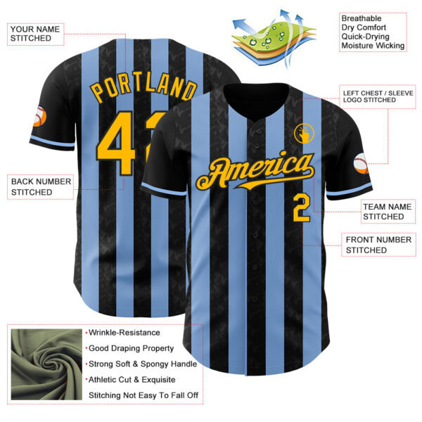 Custom Black Gold-Light Blue Classic Vertical Stripe Fluid Liquid Texture Authentic Baseball Jersey