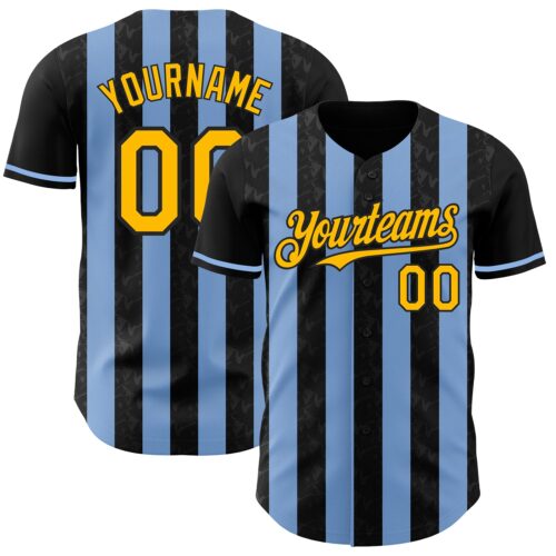 Pinstripe0211 Custom Black Gold-Light Blue Classic Vertical Stripe Fluid Liquid Texture Authentic Baseball Jersey