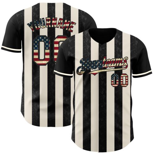 Pinstripe0216 Custom Black Vintage USA Flag-Cream Classic Vertical Stripe Fluid Liquid Texture Authentic Baseball Jersey
