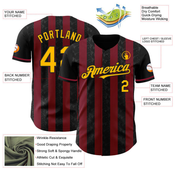 Custom Black Gold-Crimson Classic Vertical Stripe Fluid Liquid Texture Authentic Baseball Jersey