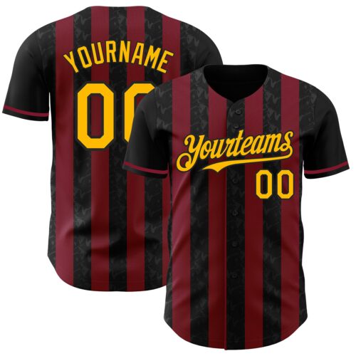 Pinstripe0218 Custom Black Gold-Crimson Classic Vertical Stripe Fluid Liquid Texture Authentic Baseball Jersey