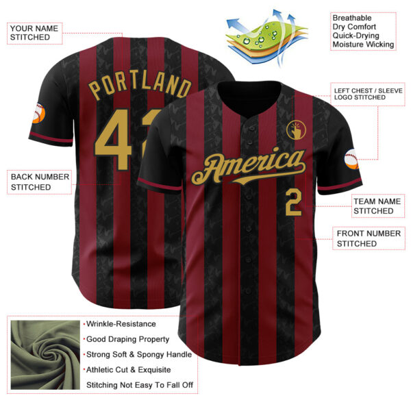 Custom Black Old Gold-Crimson Classic Vertical Stripe Fluid Liquid Texture Authentic Baseball Jersey