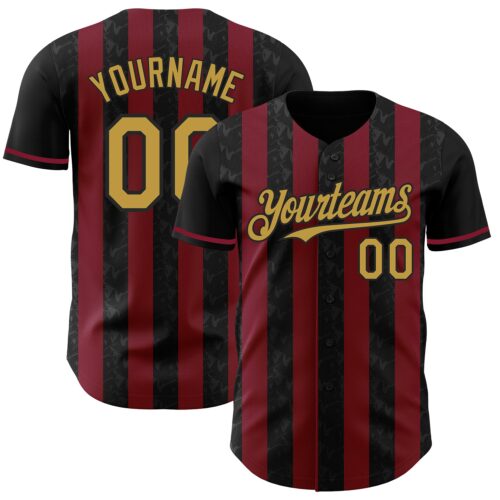 Pinstripe0219 Custom Black Old Gold-Crimson Classic Vertical Stripe Fluid Liquid Texture Authentic Baseball Jersey
