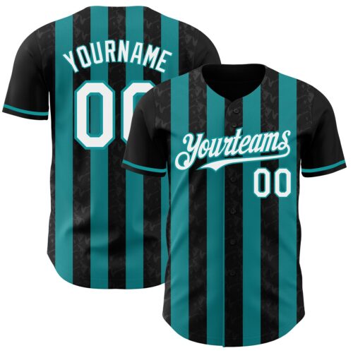 Pinstripe0220 Custom Black White-Teal Classic Vertical Stripe Fluid Liquid Texture Authentic Baseball Jersey