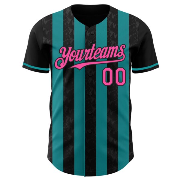 Custom Black Pink-Teal Classic Vertical Stripe Fluid Liquid Texture Authentic Baseball Jersey