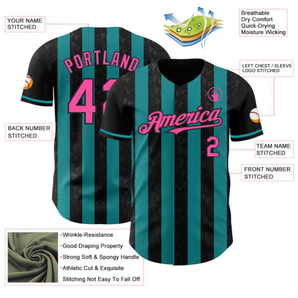 Custom Black Pink-Teal Classic Vertical Stripe Fluid Liquid Texture Authentic Baseball Jersey