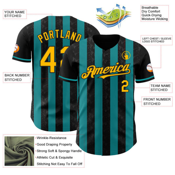Custom Black Gold-Teal Classic Vertical Stripe Fluid Liquid Texture Authentic Baseball Jersey