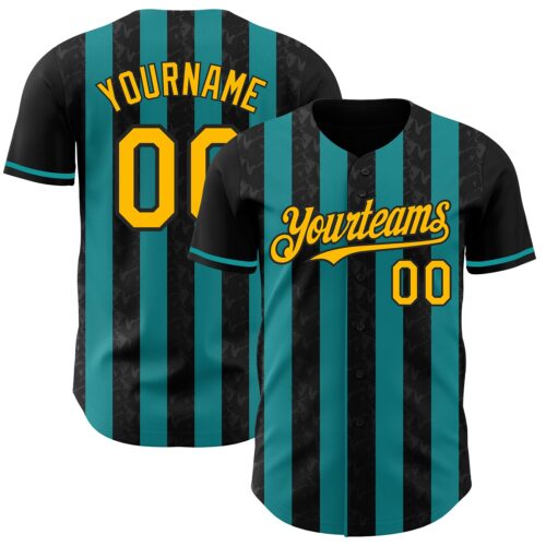 Pinstripe0222 Custom Black Gold-Teal Classic Vertical Stripe Fluid Liquid Texture Authentic Baseball Jersey